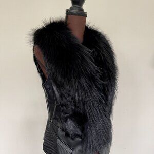 New Women's Black Leather Vest with Real Fox Fur